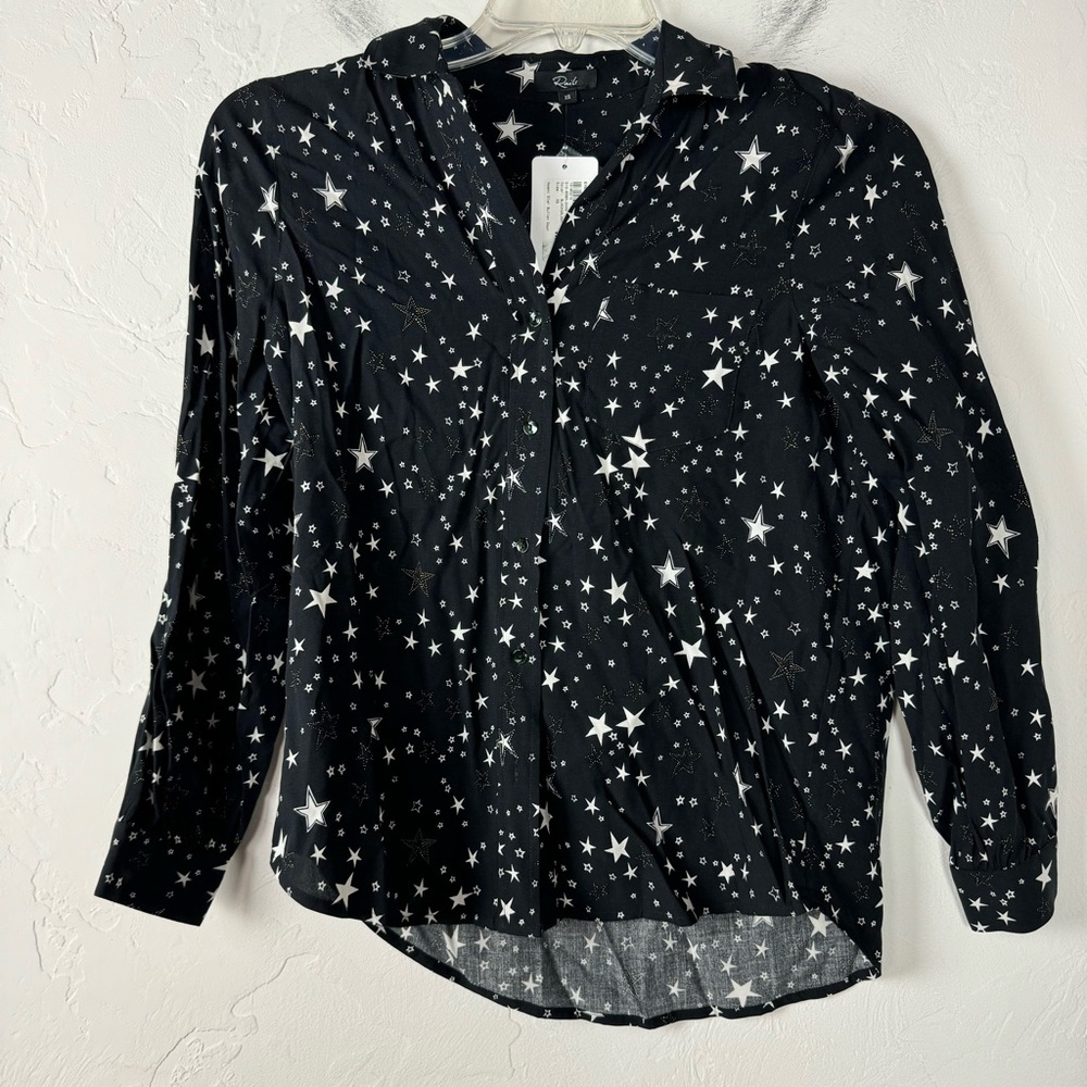 Evereve Rails Shirt Knit Top Blouse Button Down Noemi Star Print‎ Black White